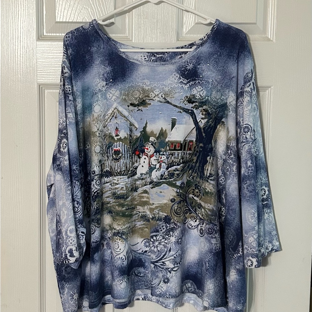 Holiday Editions Blue Snowman‎ Blouse Relaxed Fit